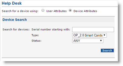 Help Desk tab of CMS Operator portal with Device Attributes option selected as device search criterion and various Device Search fields to be completed